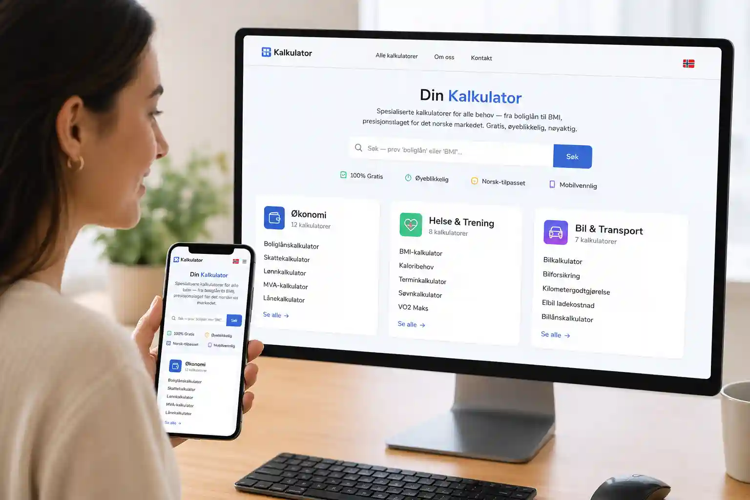 Kalkulator-dashbord som viser økonomi, helse og bil-kalkulatorer på skrivebord og mobilskjerm